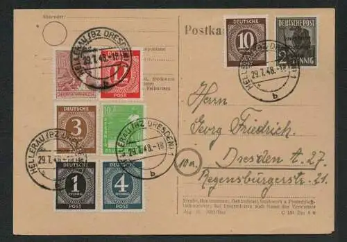 h5233 Postkarte  Währungsreform 1948 Bezirk 14 Zehnfachfrankatur + SBZ Aufdruck