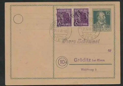 h5214 SBZ Handstempel Bezirk 14 Stephan Ganzsache + 2x 6 Pfg. seltene Type