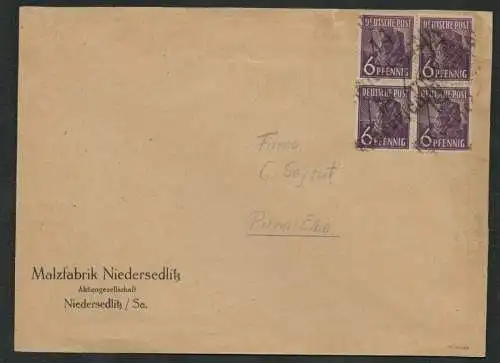 h5249 SBZ Handstempel Bezirk 14 Brief 4x 6 Pfg. Niedersedlitz Pirna Malzfabrik