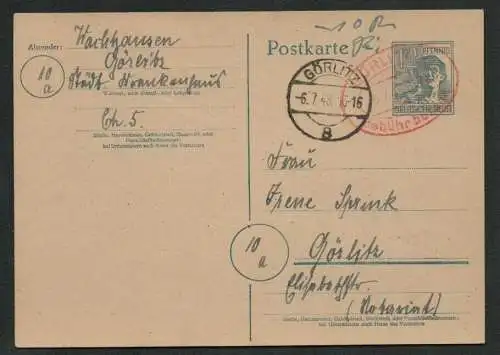 h5208 SBZ Währungsreform 1948 Bezirk 14 Gebühr bezahlt Görlitz auf Ganzsache