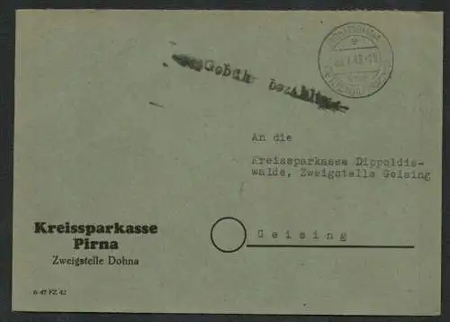 h5228 SBZ Währungsreform 1948 Bezirk Brief Gebühr bezahlt Kreissparkasse Pirna