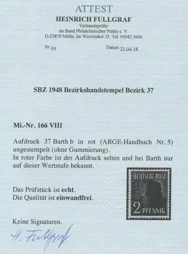 h4914 SBZ Bezirkshandstempel Bezirk 37 Barth b roter Aufdruck 166 (*) FA BPP