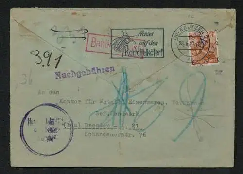 h5104 SBZ Bezirkshandstempel Bezirk 14 Brief Bautzen 1c Type violett Notumschlag