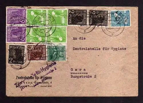 h534 Brief Handstempel Bezirk 16 Jena 3x2,15,20 Pfg. 7.7.48 gepr. BPP Behörden B