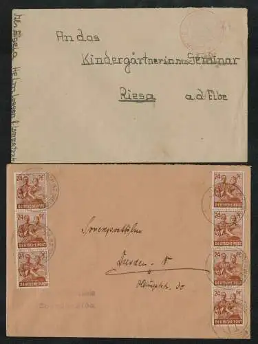 h5351 SBZ Handstempel Bezirk 14 2x Brief Lommatzsch Zehnfach + Gebühr bezahlt