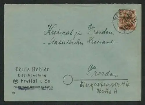 h5186 SBZ Handstempel Bezirk 14 Brief Freital Eisenhandlung Köhler nach Dresden