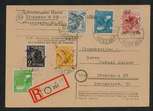 h5569 SBZ Handstempel Bezirk 14 Postkarte Orts-R-Karte 20 Pf Dresden 18a Type 8b