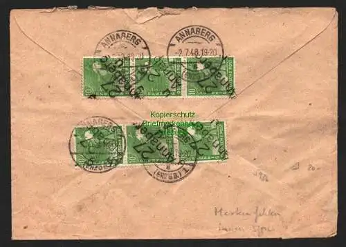 h5936 SBZ Handstempel Bezirk 27 Annaberg u 6x 10 Pfg. auf Briefrückseite