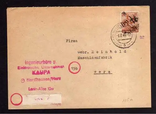 h576 Brief Handstempel Bezirk 16 Nordhausen 6.7.48 gepr. BPP nach Gera