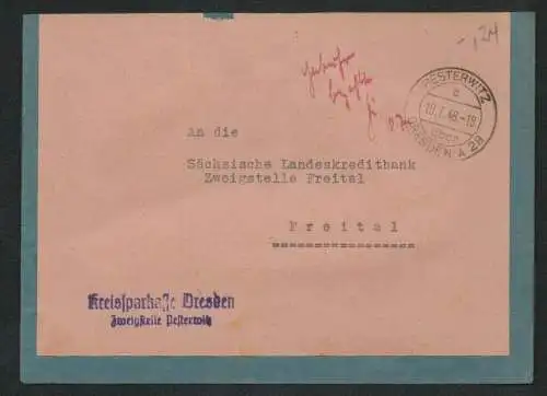 h5518 SBZ Währungsreform 1948 Brief Gebühr bezahlt Pesterwitz über Dresden 28