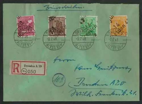 h5499 SBZ Handstempel Bezirk 14 R-Brief Dresden 171 175 177 181 A26b 42 schwarz