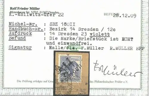 h5770 SBZ Handstempel Bezirk 14 Dresden 23 80 Pfg. violett gestempelt geprüft BP