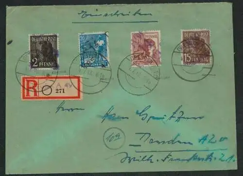 h5498 SBZ Handstempel Bezirk 14 R-Brief Dresden 166 173 171 A179 4.7. Sonntag !