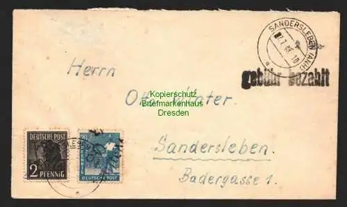 h5929 SBZ Handstempel Bezirk 20 Sandersleben 2 Pfg. violett + Hettstedt