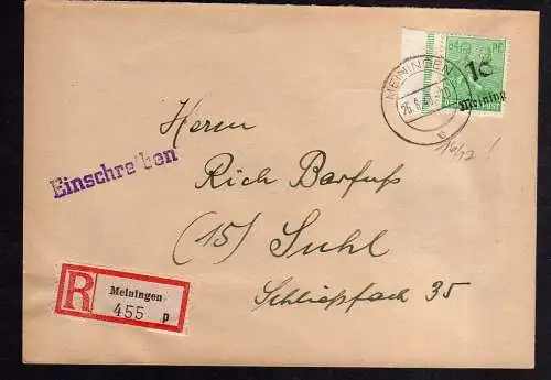 h550 Brief Einschreiben Handstempel Bezirk 16 Meningen 84 Pfg. nach Suhl