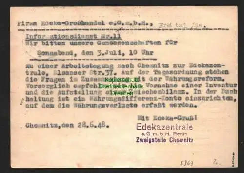 h5963 SBZ Handstempel Bezirk 27 Chemnitz Postkarte 12 Pfg 28.6.48 Edeka Freital