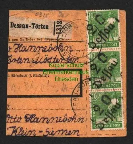 h5925 SBZ Handstempel Bezirk 20 Dessau 1f 12x 10 Pfg. auf halber Paketkarte