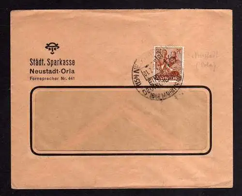 h563 Brief Handstempel Bezirk 16 Neustadt Orla 24 Pfg. 01.7.48 Städt. Sparkasse