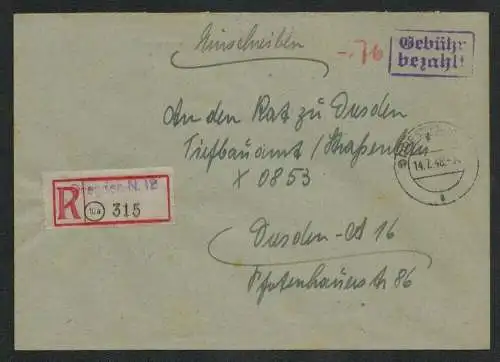 h5464 SBZ Währungsreform 1948 Brief Gebühr bezahlt Dreden N 12 Ortseinschreiben