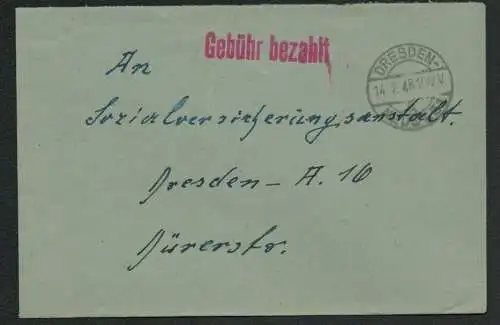 h5527 SBZ Währungsreform 1948 Brief Dresden 31 Gebühr bezahlt an Versicherung