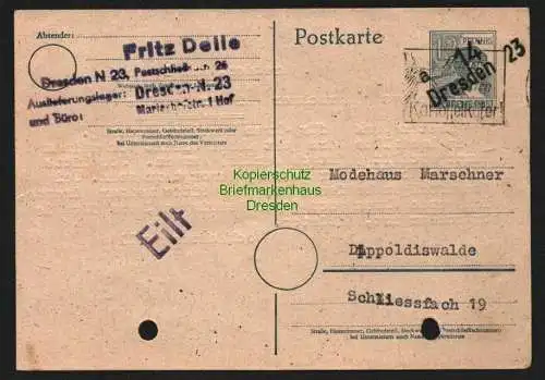 h5813 SBZ Handstempel Bezirk 14 Dresden 23 Ganzsache Bedarf 1.7.48 gelocht