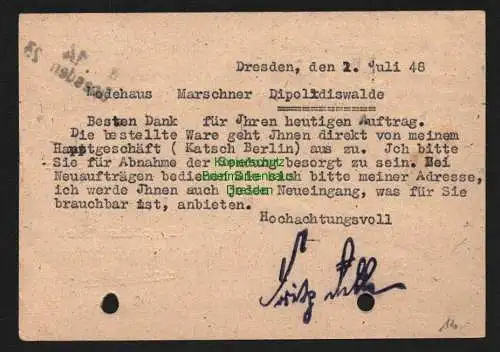 h5813 SBZ Handstempel Bezirk 14 Dresden 23 Ganzsache Bedarf 1.7.48 gelocht