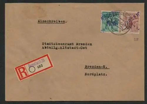 h5487 SBZ Handstempel Bezirk 14 R-Brief Dresden 26 A43 violett an Stadtsteueramt