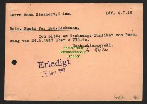 h6067 SBZ Handstempel Bezirk 41 Leubsdorf 5.7.48 Postkarte