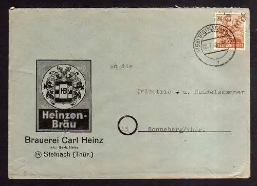 h608 Brief Handstempel Bezirk 16 Steinach 8.7.48 gepr. BPP Brauerei Carl Heinz B