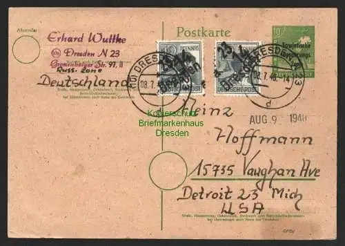 h6090 SBZ Handstempel Bezirk 14 Dresden 23 Auslandskarte in die USA auf Ganzsach