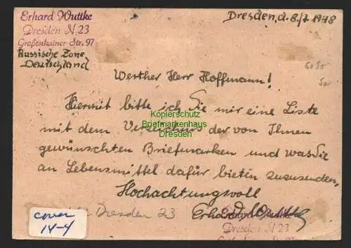 h6090 SBZ Handstempel Bezirk 14 Dresden 23 Auslandskarte in die USA auf Ganzsach