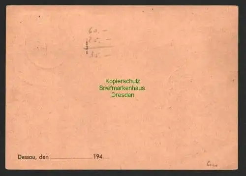 h6111 SBZ Handstempel Bezirk 29 Dessau Ziffer 15 grün auf Postkarte Wörlitz nach