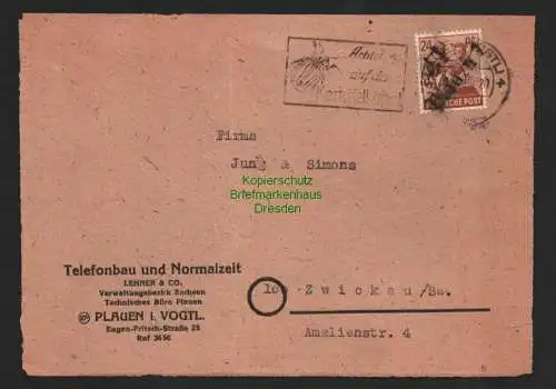 h6072 SBZ Handstempel Bezirk 41 Plauen 1 Briefvorderseite 1.7.48