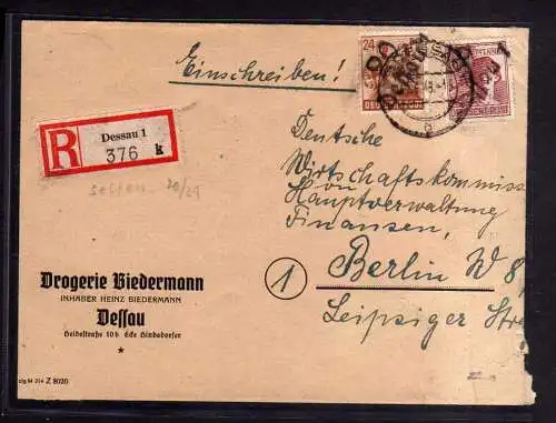 h688 Brief Handstempel Bezirk 20 29 Dessau 30.6.48 R376 Einschreiben an Wirtscha