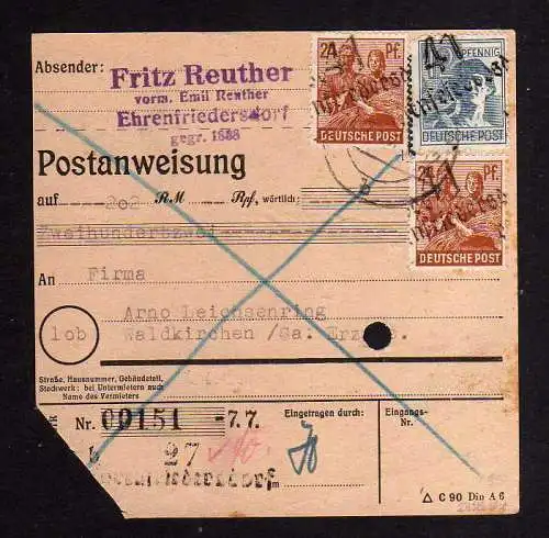 h890 Postanweisung Handstempel Bezirk 41 Ehrenfriedersdorf 7.7.48