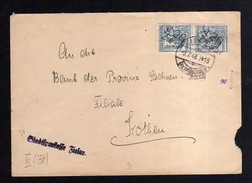 h816 Brief Handstempel Bezirk 20 Ziesar 2.7.48 Stadtsparkasse  nach Köthen