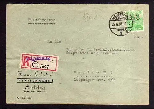 h861 Handstempel Bezirk 20 Magdeburg Type p Einschreiben an Deutsche Wirtschafts