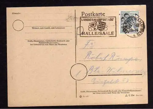 h824 Postkarte Handstempel Bezirk 20 Halle Saale 6.7.48 Werbestempel Landeshaupt