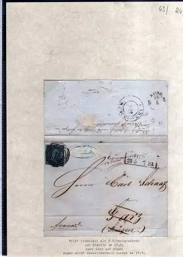 v063 aus Stettin Sammlung Preußen Brief Mi. 3 Nummernstempel 1439 nach Garz auf