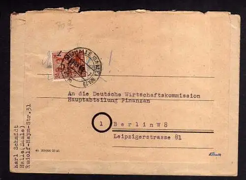 h827 Brief Bezirkshandstempel Bezirk 20 Halle Saale 1.7.48 Notumschlag an Deutsc