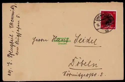 B18058 Brief SBZ Sächsische Schwärzung Chemnitz 16.7.45 1945 nach Döbeln