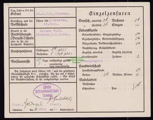 B18250 Dresden Mädchenberufsschule Klappkarte 1925 Entlassungszeugnis Klappkarte