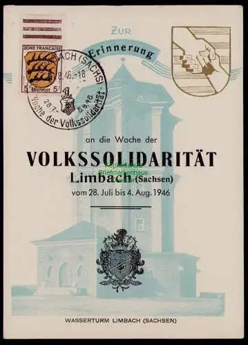 B18181 SBZ Gedenkblatt Limbach Sachsen Woche d. Volkssolidarität 1946 Wasserturm