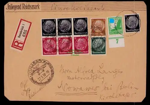 B18073 DR Deutsches Reich 1938 Briefvorderseite Einschreiben Osnabrück ZD Hinden