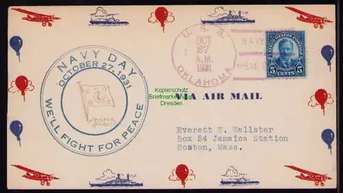 B18289 USA Brief mit Schmuckzudruck 1931  U. S. S. Oklahoma Navy Day nach Boston