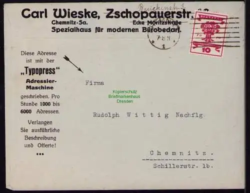 B18254 Chemnitz Carl Wieske Bürobedarf Ortsbrief 1919  Mi. 107 EF  Ortsbrief