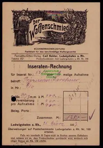 B18151 Postkarte Ludwigshafen am Rhein Inseraten Rechnung Der Waffenschmied 1923