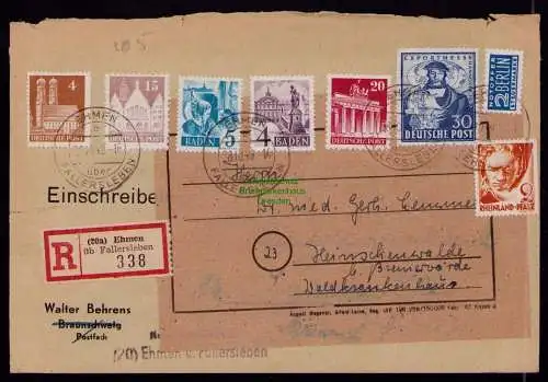 B18108 BAZ 105 + weitere R-Brief Ehmen über Fallersleben 1949