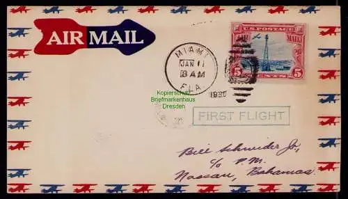 B18193 USA 310 auf Brief 1930 Air Mail Miami First Flight nach Nassau Bahamas