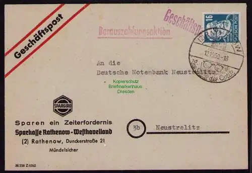 B18228 Rathenow Brief 12.10.50 1950 Mi. 218 Barauszahlungsaktion Geschäftspost